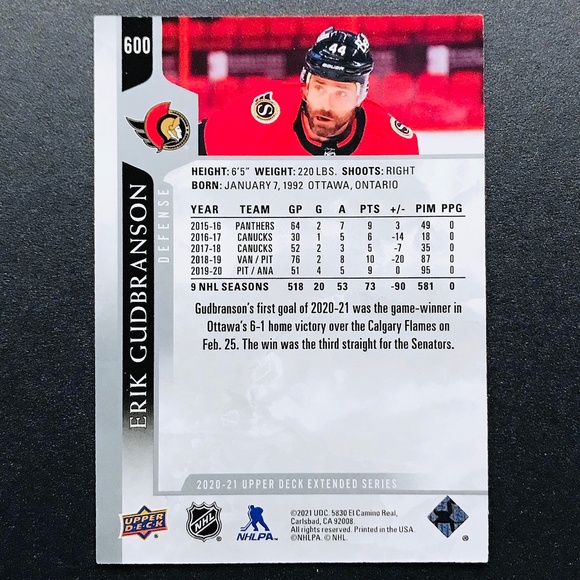Erik Gudbranson - 2020-21 Upper Deck #600 - Picture 2 of 2